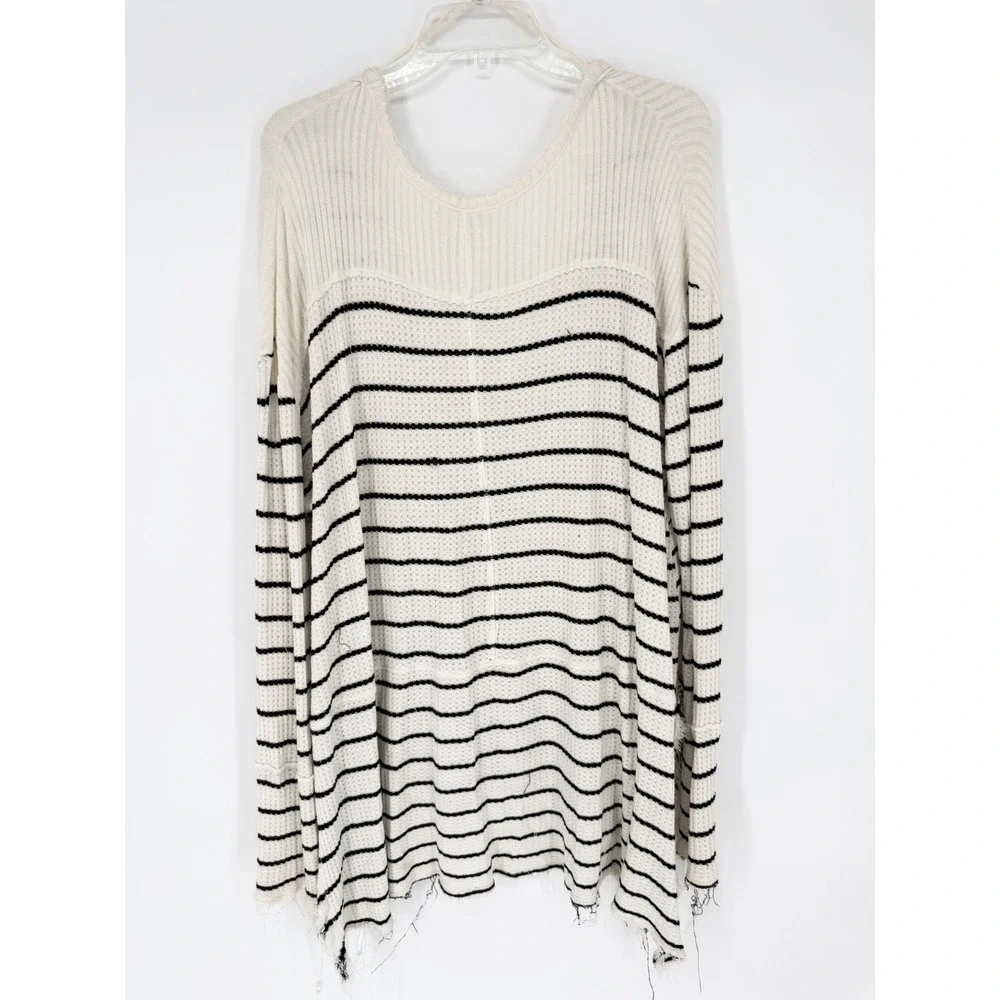Free People Sunset Park Oversized Thermal‎ Tunic Black/White Striped Size L Boho